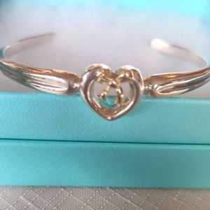 TIFFANY Open Heart Sterling Silver and 18k Gold Bow Cuff Bracelet